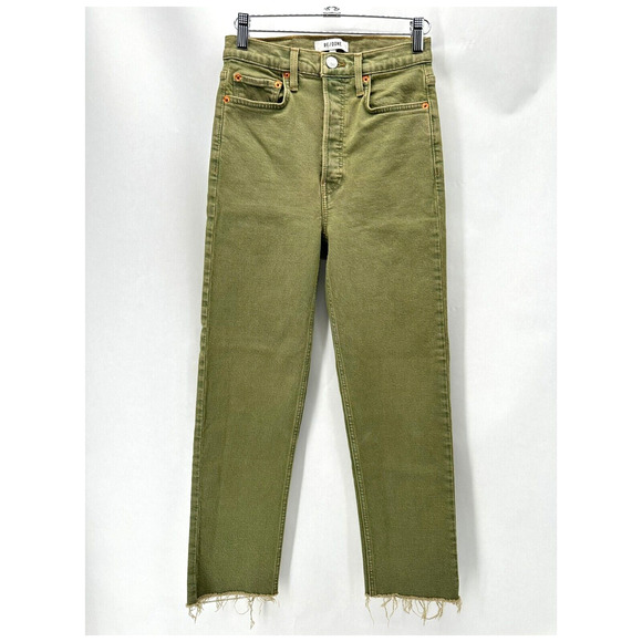 Re/Done 70s High Rise Stove Pipe Jeans Size 25 Green Ankle Straight Raw Hem Prep - Picture 2 of 12